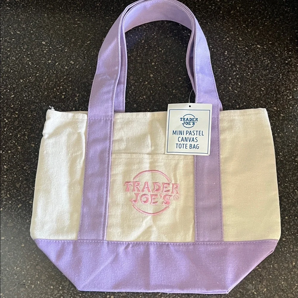 Trader Joe's Mini Canvas Tote in Cream and Pastel Lavender - Picture 1 of 3
